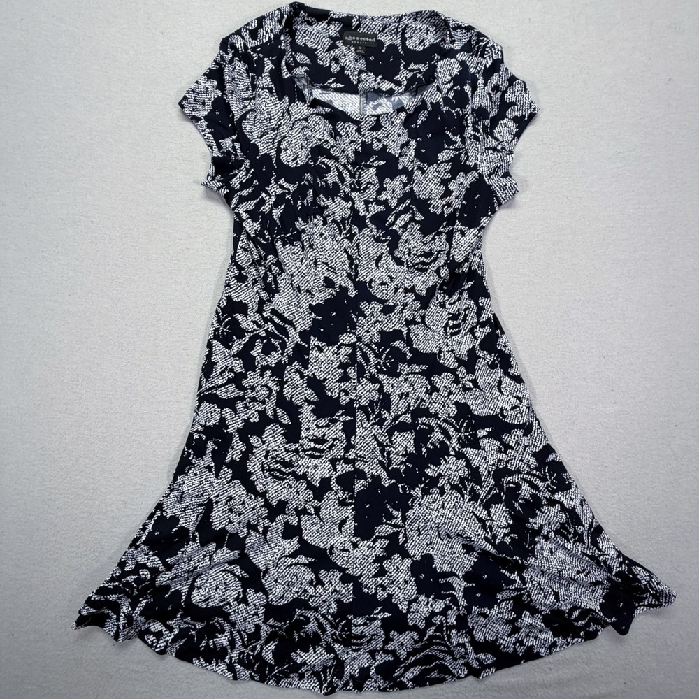 Connected‎ Apparel Dress Womens 12 Navy Blue White Floral A-Line Short Sleeve